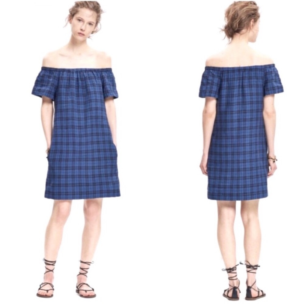 Madewell Blue Black Plaid Off The Shoulder Dress